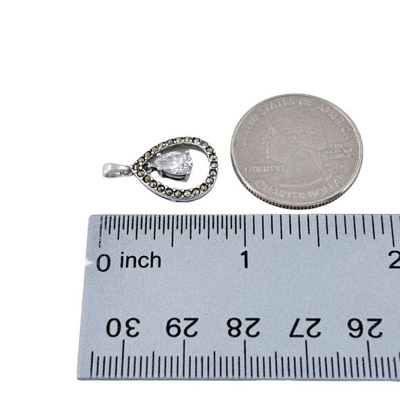 Vintage SU Sterling Silver Cubic Zirconia Marcasite Teardrop Pendant - Picture 7 of 7